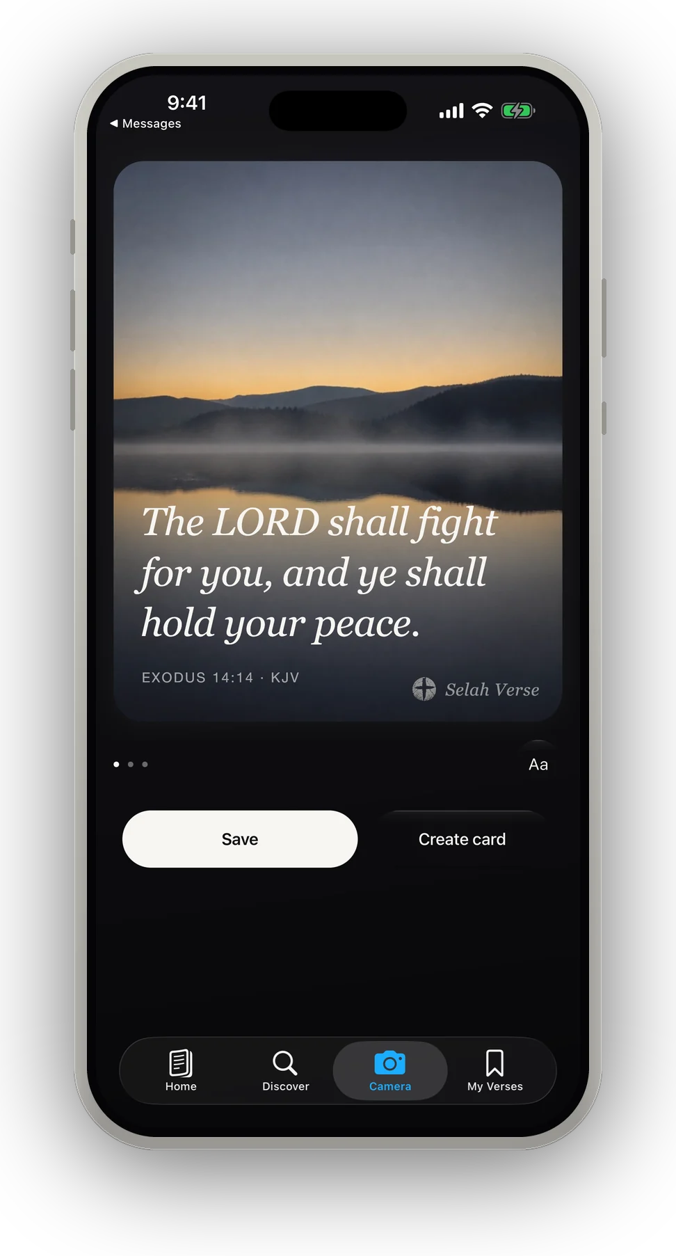 A photograph of a lake at dawn inside Selah, with Exodus 14:14 typeset over the water and the options to save it or open it in the card studio.