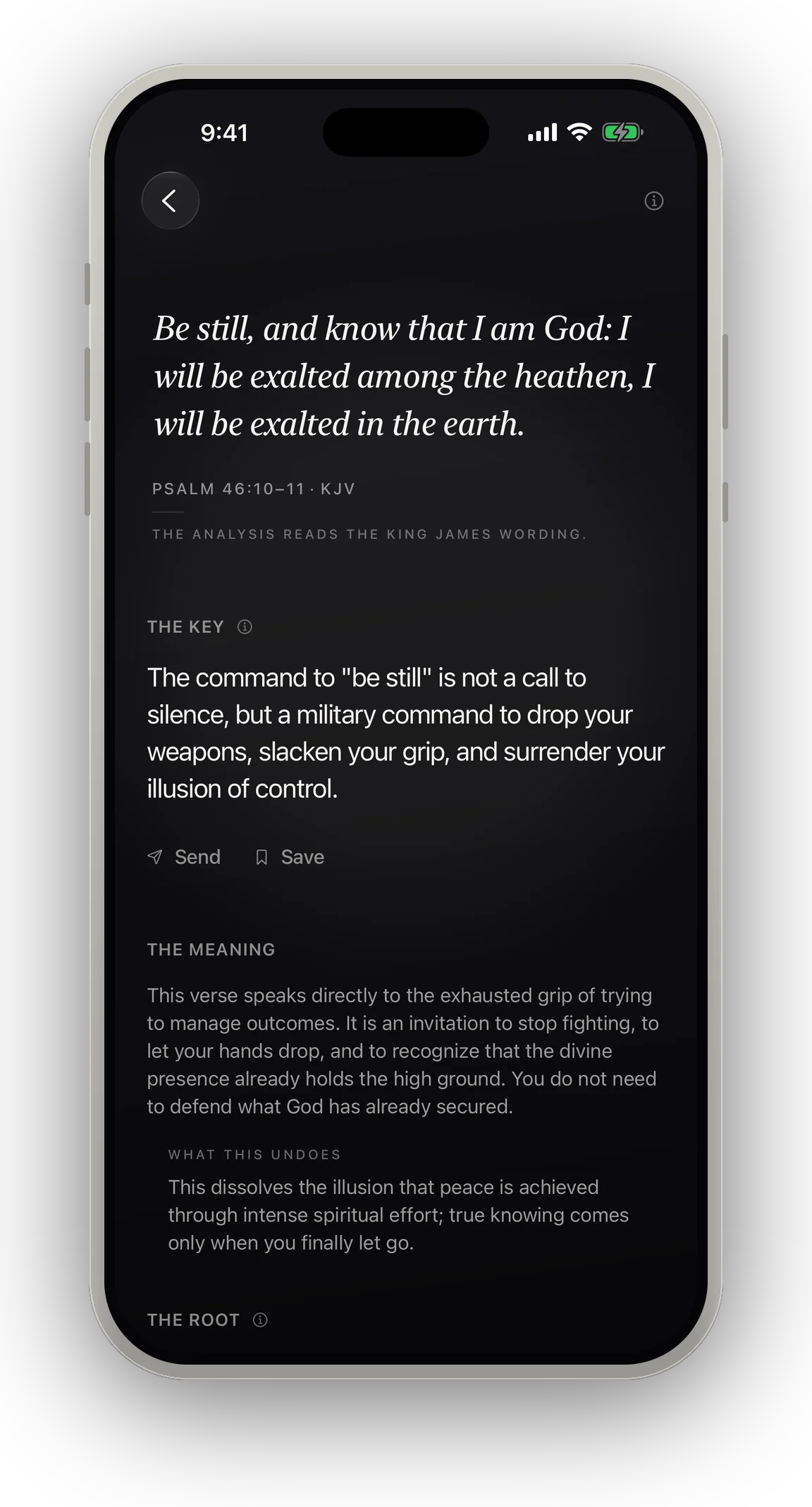 The Deep Dive screen in Selah, open on Psalm 46:10–11, showing the passage, the key sentence about the command to be still, and the beginning of the meaning.