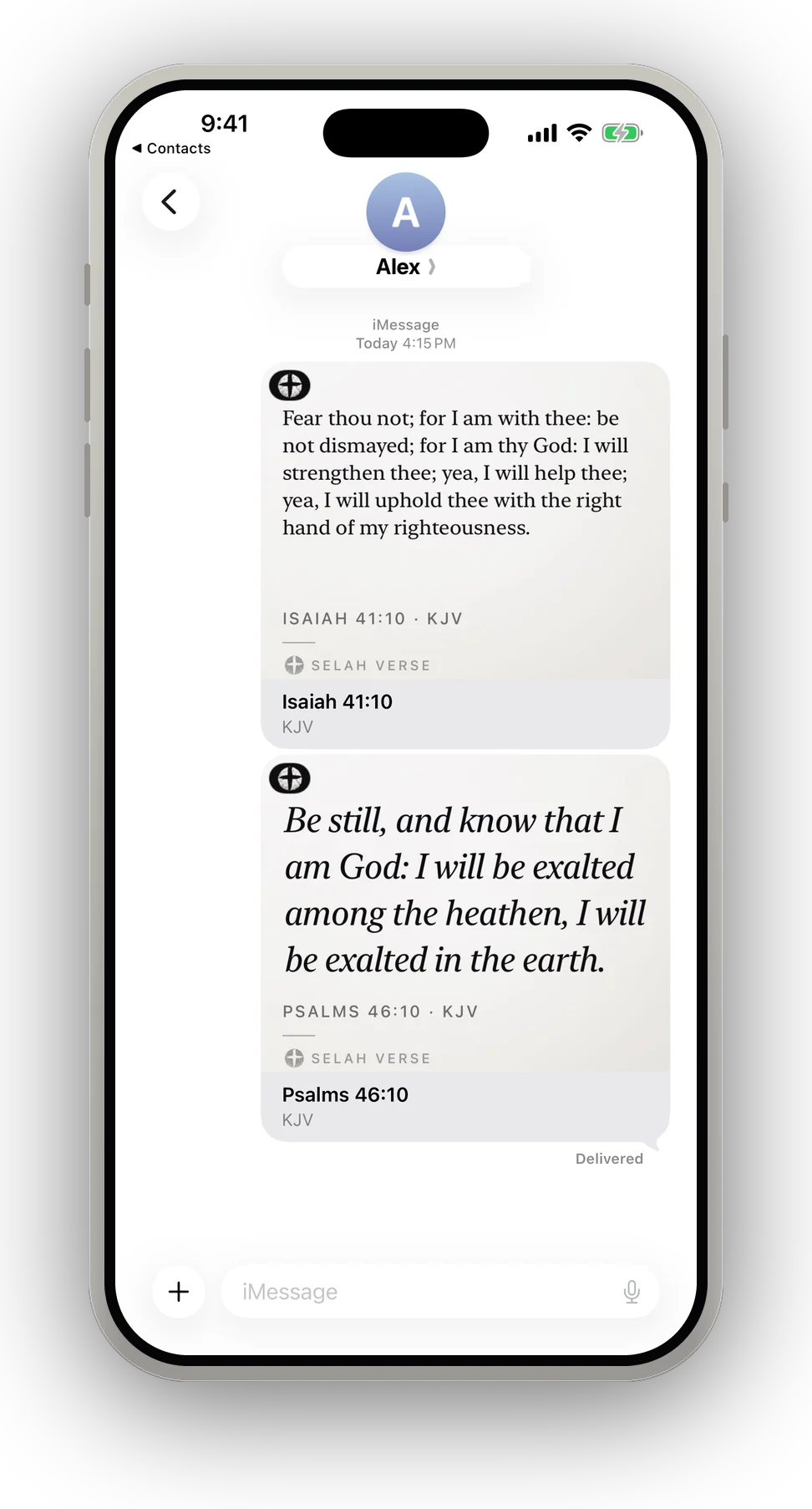 A Messages conversation with two Selah verse cards sent into it, Isaiah 41:10 and Psalm 46:10, each typeset with its reference and marked Selah Verse.